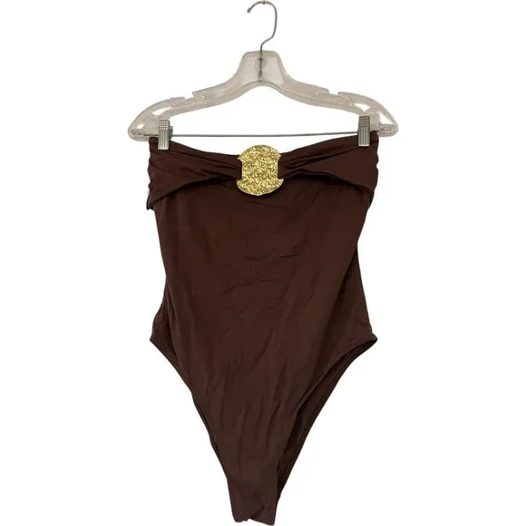 Zara Womens Swimsuit Large Brown Metal Draped Bandeau One Piece 0167/217 NWT - Picture 2 of 15